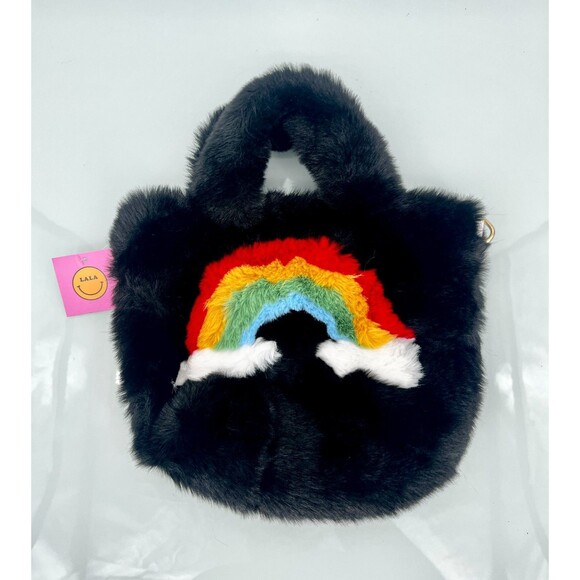 Women's Bag - Lala By Design Black and Rainbow Purse Bag Faux Fur and Leather - Picture 2 of 5